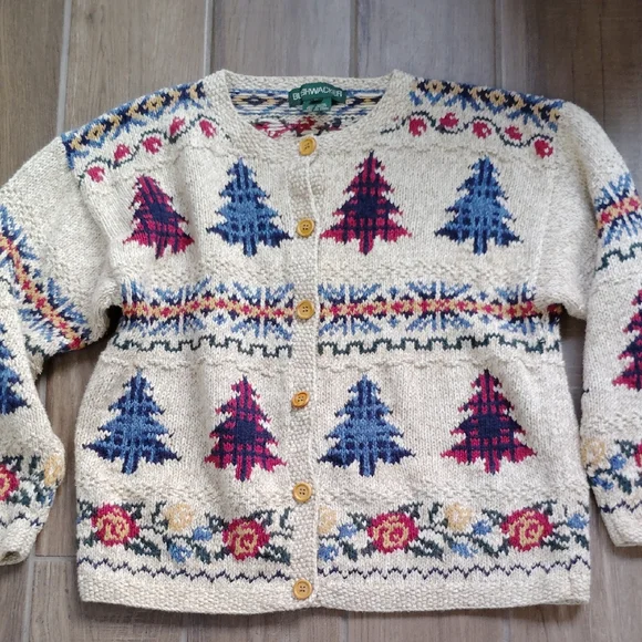 VTG Bushwacker Womens Sz L Button Cardigan Sweater Heavy Knit Christmas Trees - Picture 1 of 6